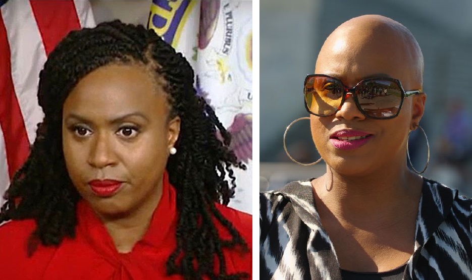 Ayanna Pressley with hair (left) and bald (right)