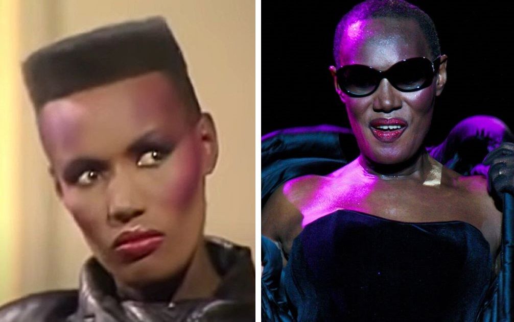 Grace Jones with hair (left) and bald (right)