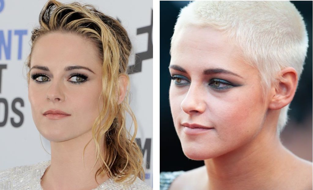 Kristen Stewart with hair (left) and with a buzzcut (right)