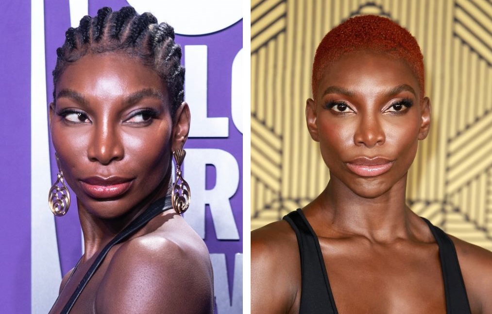 Michaela Coel with hair (left) and bald (right)