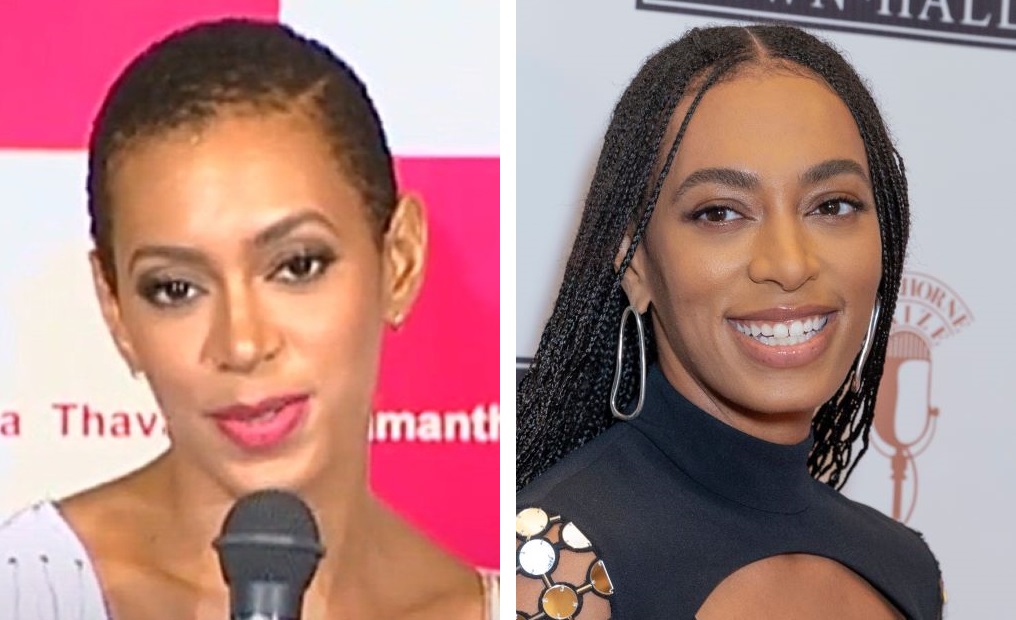 Solange Knowles bald (left) and with hair (right)