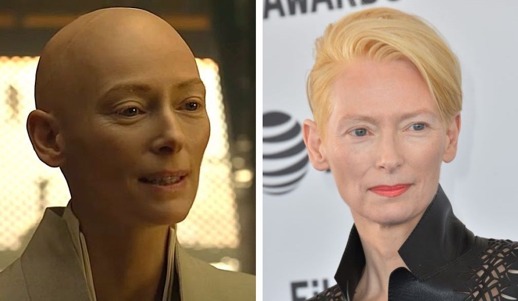 Tilda Swinton bald (left) and with hair (right)