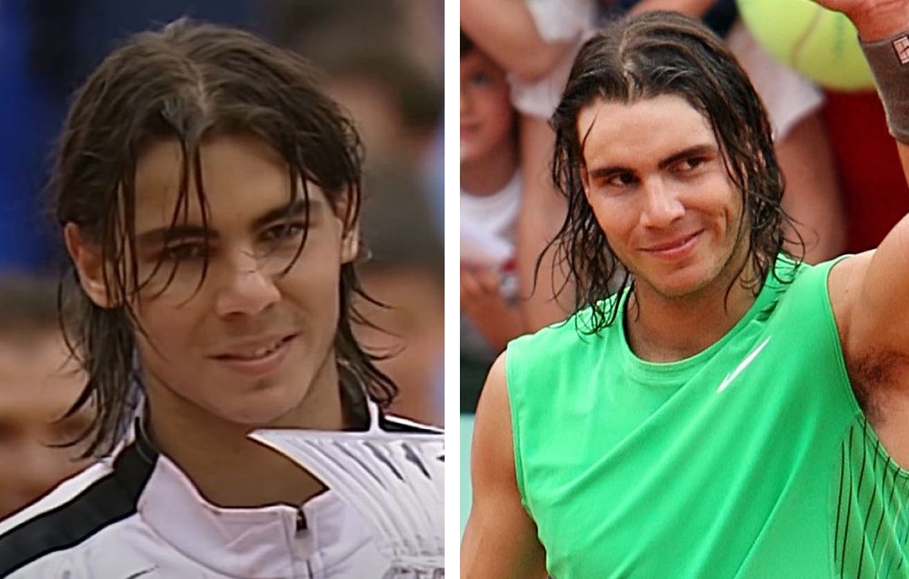 Rafael Nadal in 2005 (left) and 2008 (right)