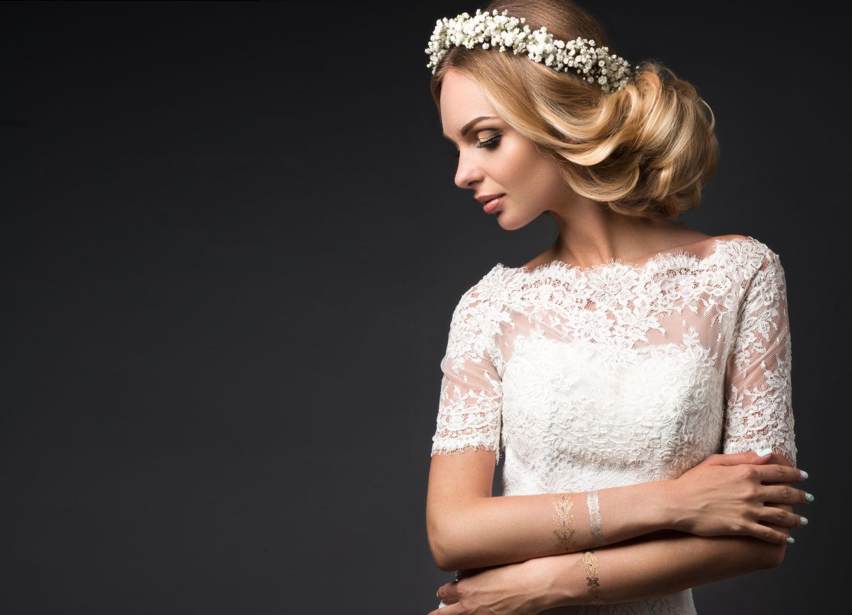 Bride wearing a Boho-style flower garland