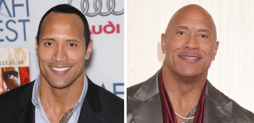 Dwayne Johnson with hair (left) and bald (right)