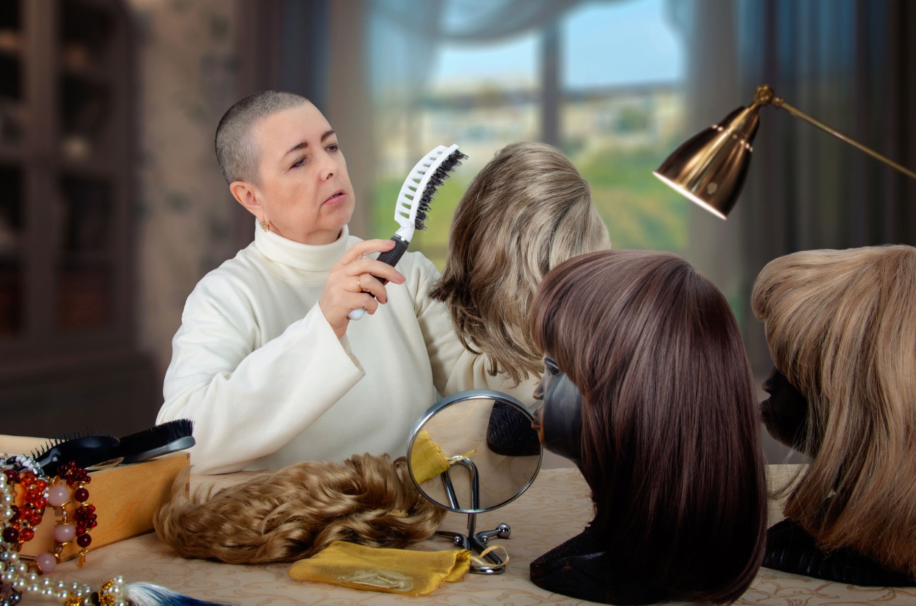 Cancer patient styling and maintaining her wig